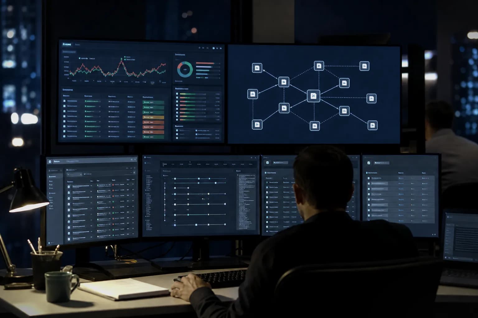 Operations desk with monitors showing linked safety-signal dashboards and a shared protocol map.