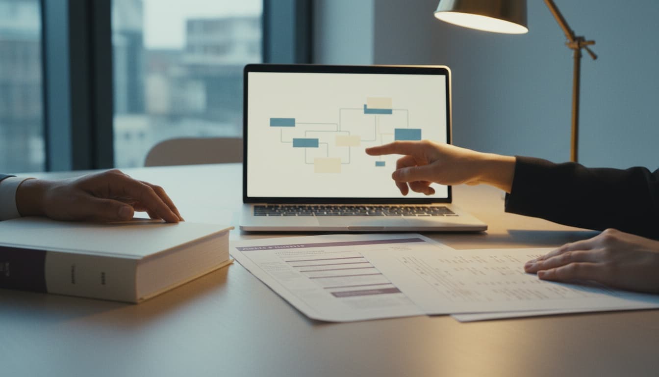 Two compliance professionals reviewing an evidence map in a European office.