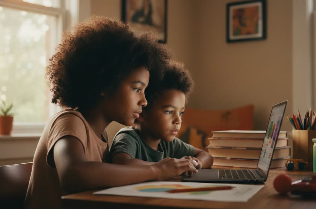 Two children at a home desk sharing a laptop, leaning in together in soft window light.
