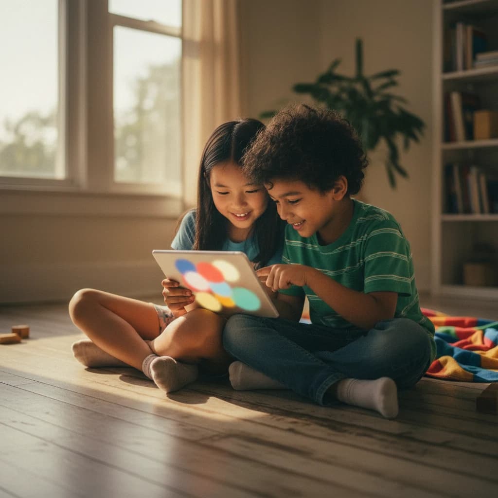 Two children on a wooden floor sharing a tablet in soft daylight.